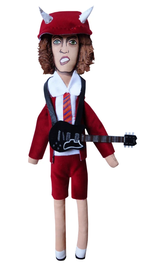 a stuffed toy with long hair and glasses holding an electric guitar