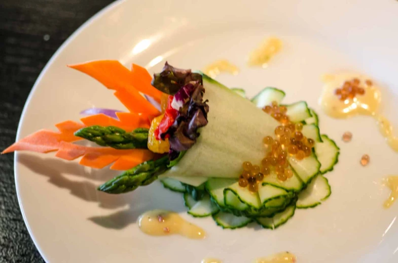 asparagus and cucumber on a white plate