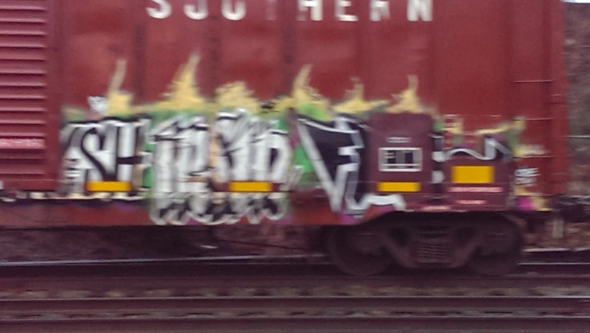 there is graffiti written on the side of the train