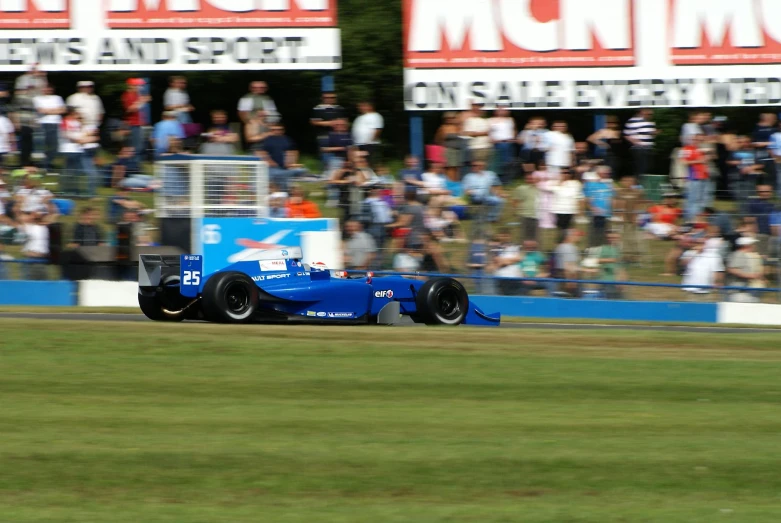 a blue car racing down a race track