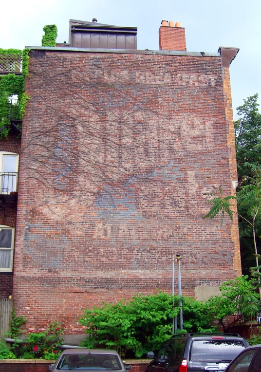 two cars in front of a building with graffiti