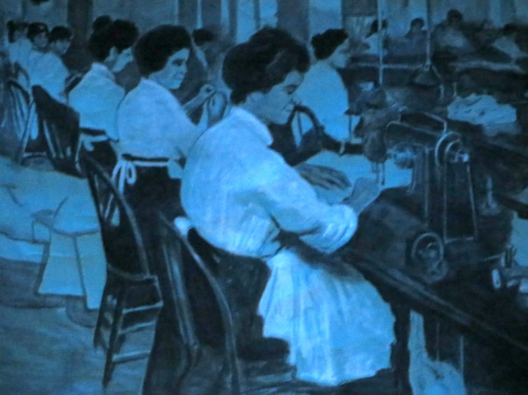 a drawing of women working at sewing machines