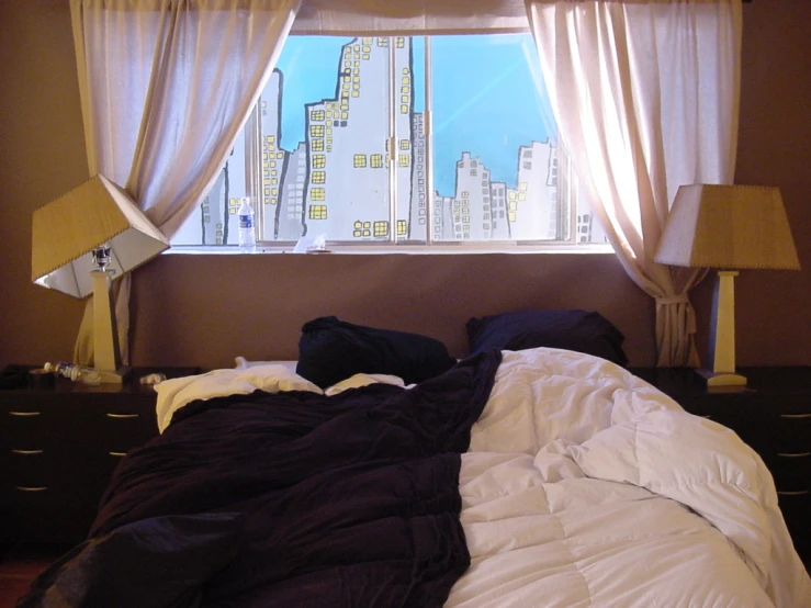 a bed room with a large bed near a window