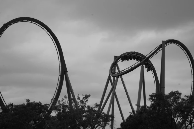 two roller coasters against a cloudy sky