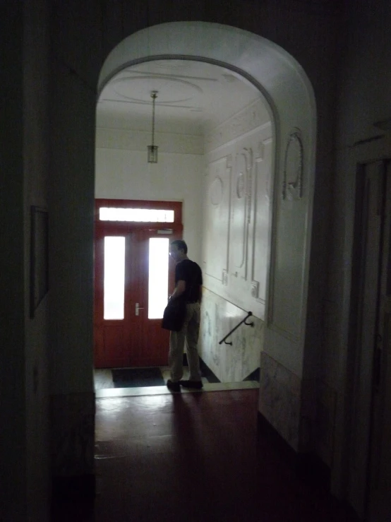 an arched doorway that shows a person holding a dog