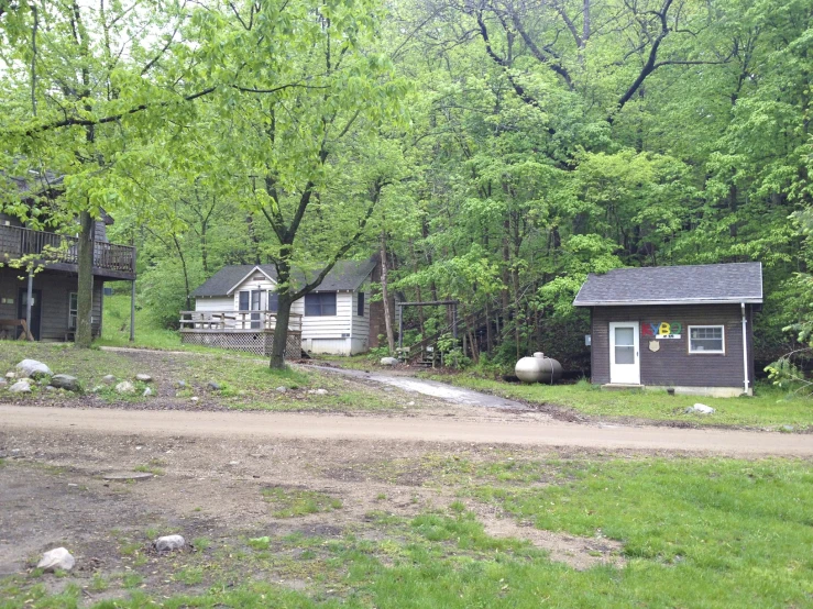 the yard has a lot of small houses