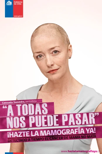 the poster is of a bald woman holding a banner