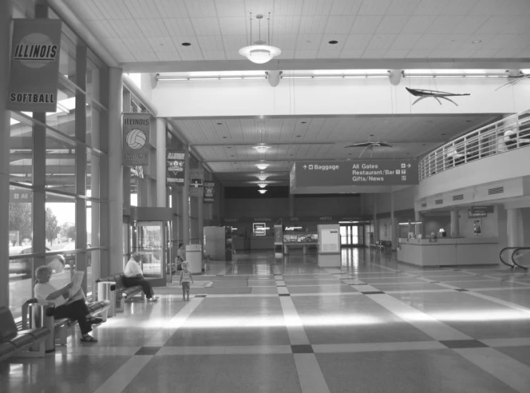 a black and white po of the lobby of a school