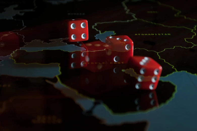 red dice on map of north and eastern europe