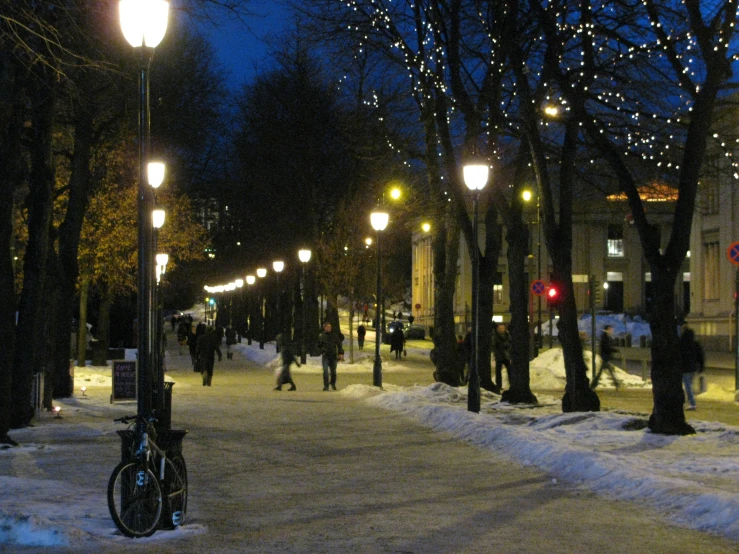 a bunch of people walk down a city street at night