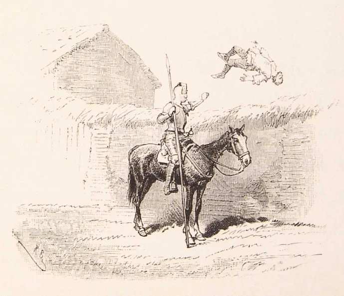 a drawing of a man riding on the back of a horse