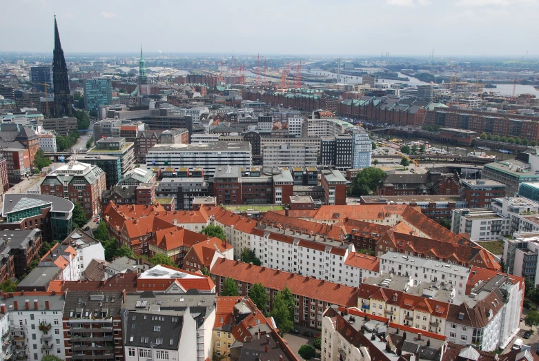 a view of several large buildings from above