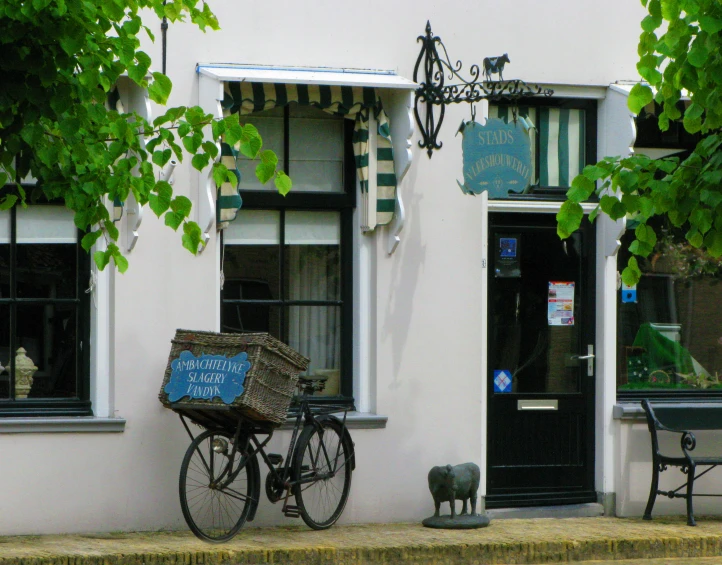 a house with a bike and a cat in front