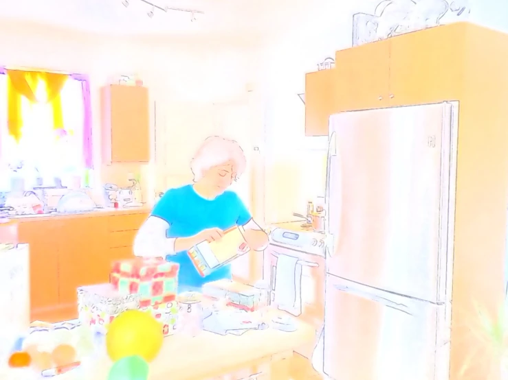 an elderly woman sits at the kitchen counter reading a book