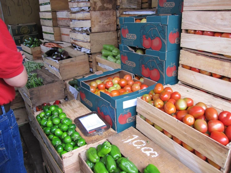 several crates of apples, peppers, and other vegetables