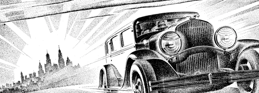 drawing of an old car driving down the street