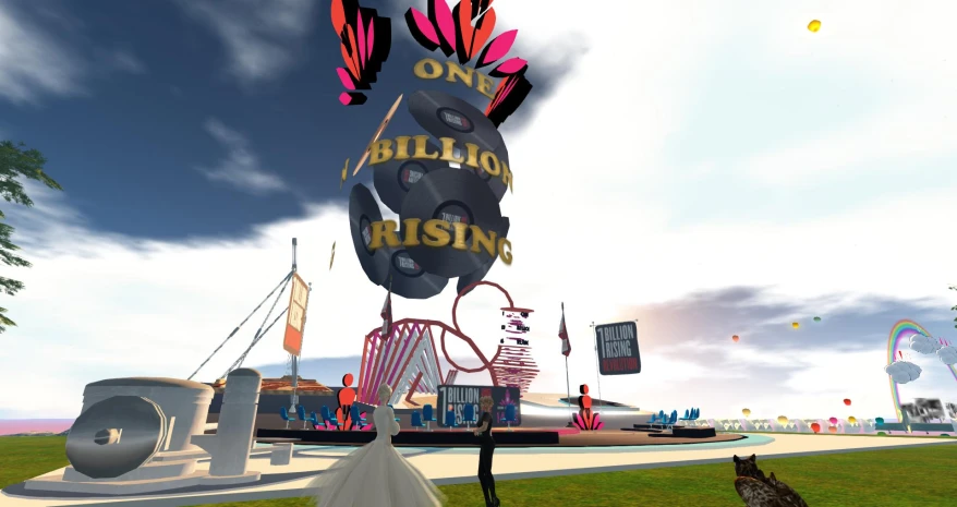 a person in virtual reality with signs and balloons