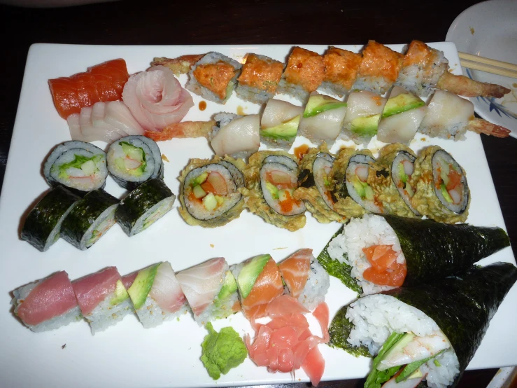 many different kinds of sushi are arranged on the plate