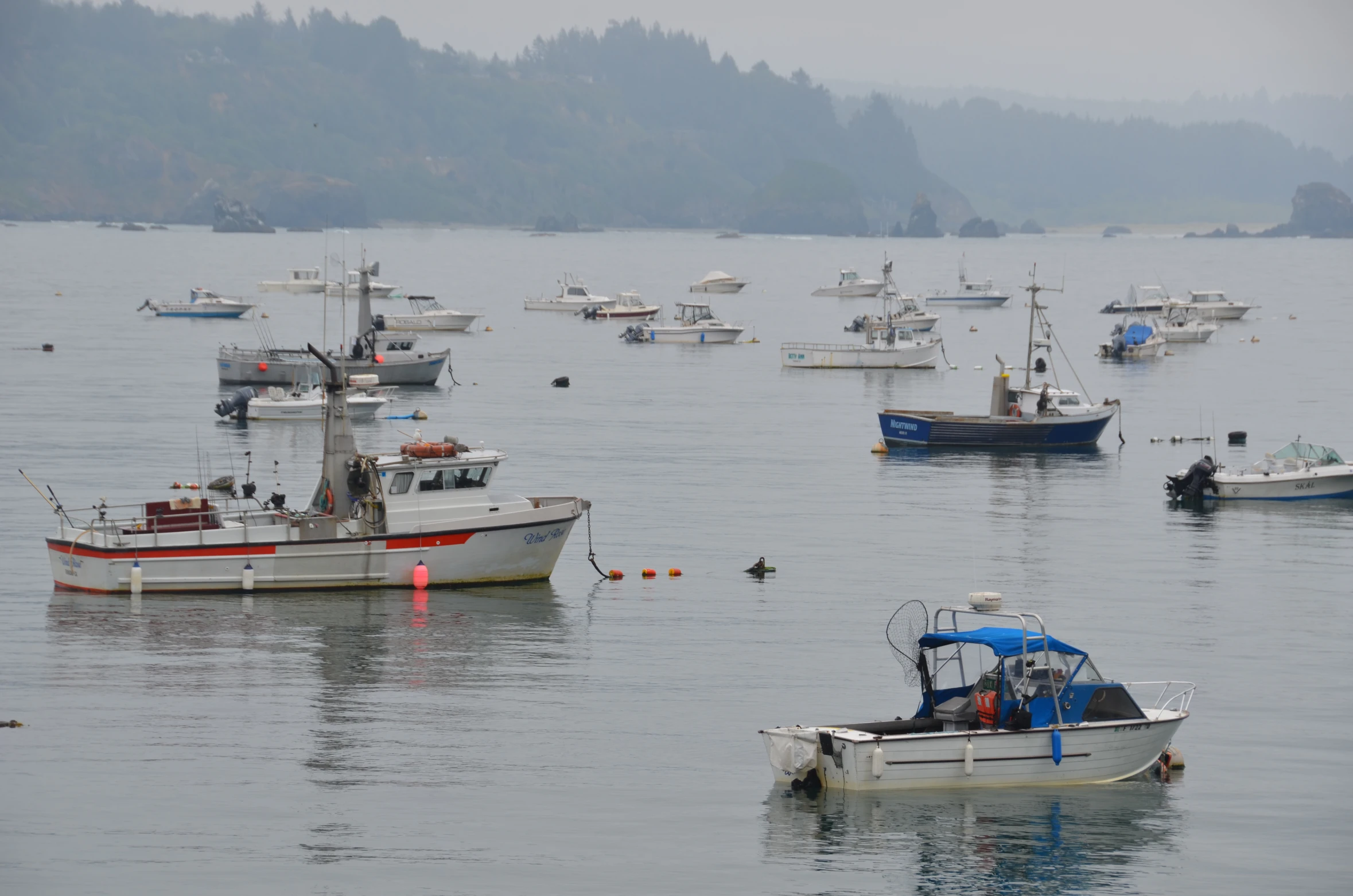 several small boats and two large ones in the water