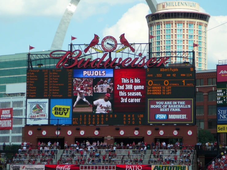 stadium screen showing scoreboard on side of building