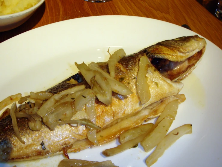 fish on white plate with fries and french fries