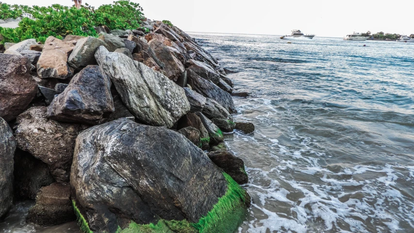 rocks, trees and boats on a large body of water