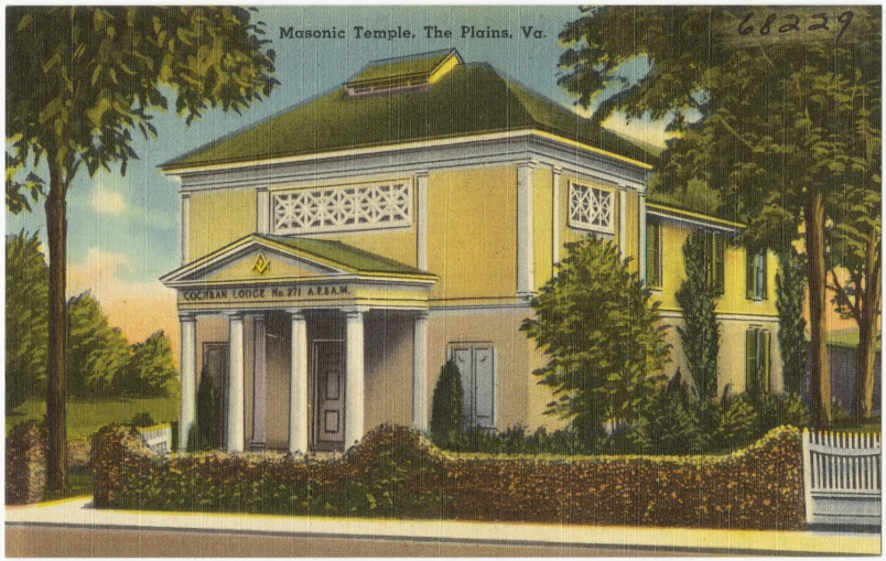 an antique postcard featuring a yellow house