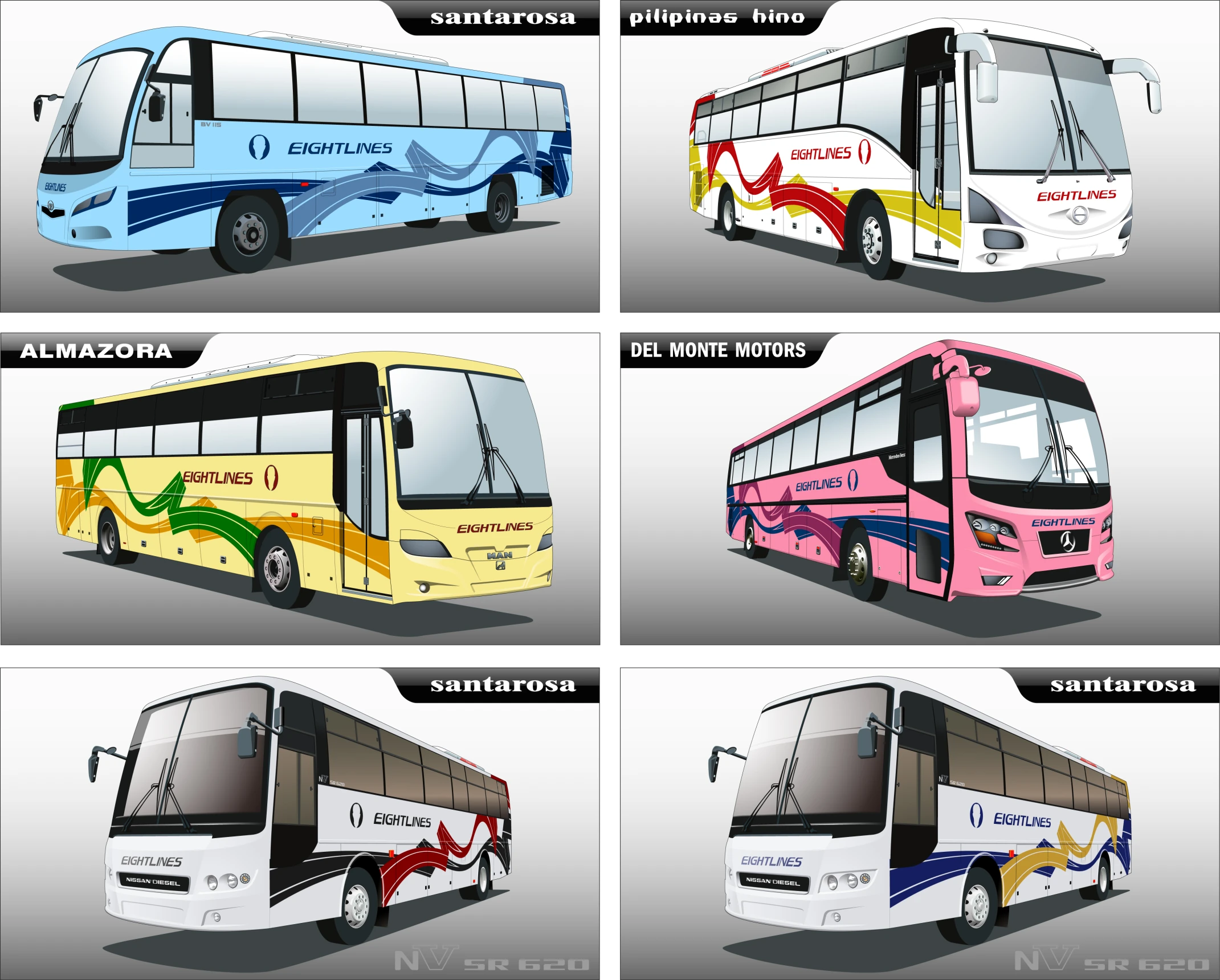 four buses with colors for different locations