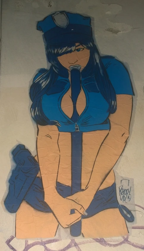 this is a graffiti art of a woman in blue