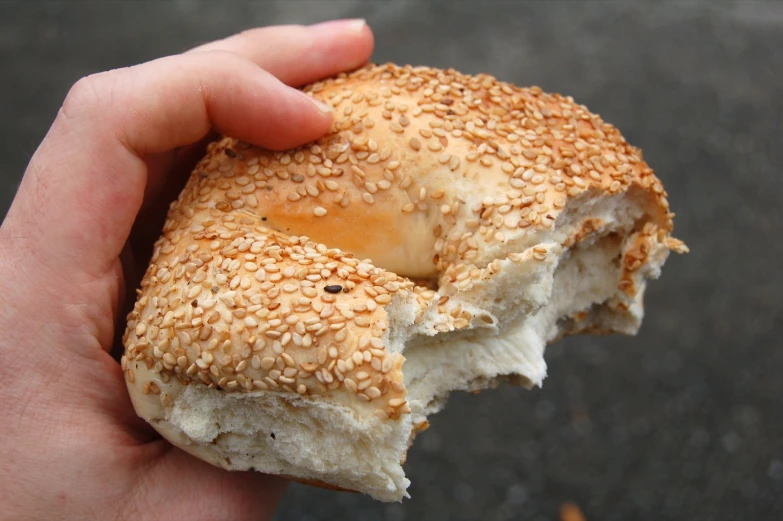 a person holding up a half eaten bagel