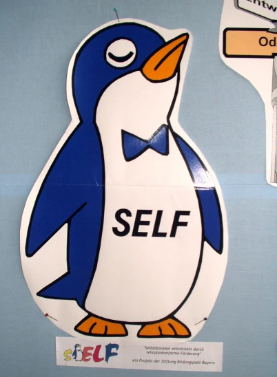 a penguin sticker with a bow tie saying self