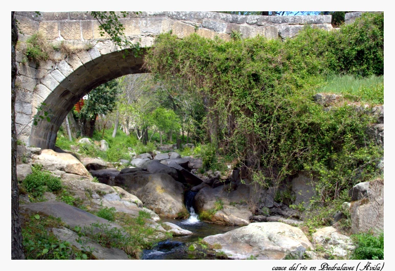 a small stream in a rocky area under a stone bridge