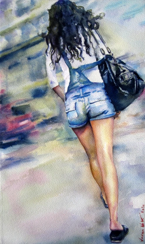 watercolor painting of woman carrying bag walking down a busy street
