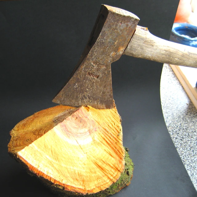 a large wooden axe is stuck inside of an unturned tree trunk