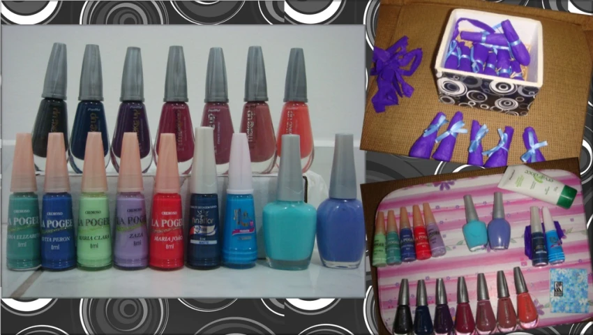 many different colors of nail polish and a brush