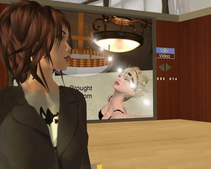 an animated image of a woman standing in front of a mirror