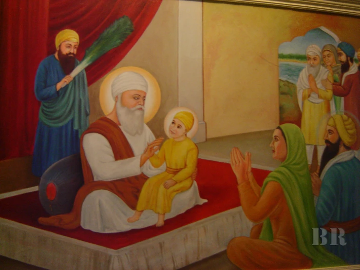 a painting of a baby and his family