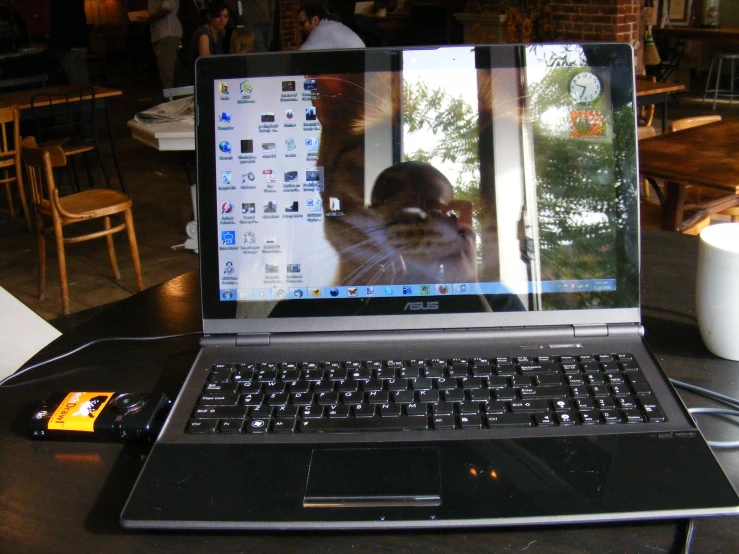the laptop is sitting on the table looking at it's screen