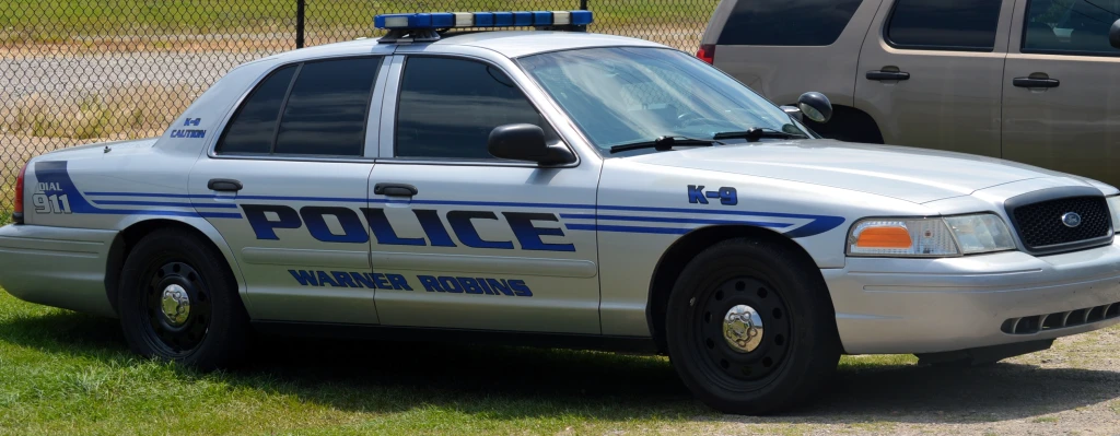 a police car parked in a grassy field next to an suv