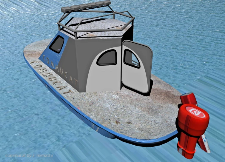 a cartoon boat floating in water and next to a fire hydrant