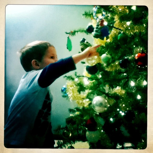 a little boy pointing at some ornaments on a christmas tree