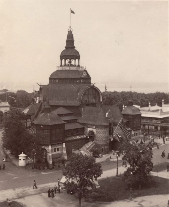 an old picture shows a tower in the center