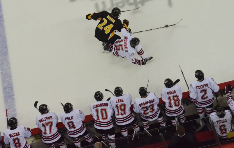 hockey players and their coaches standing next to each other