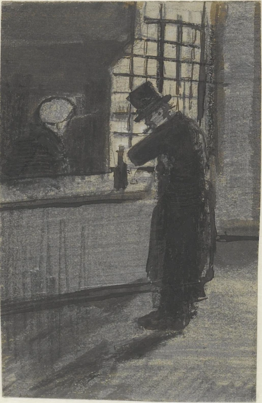 a drawing of a man standing at a sink in front of a window