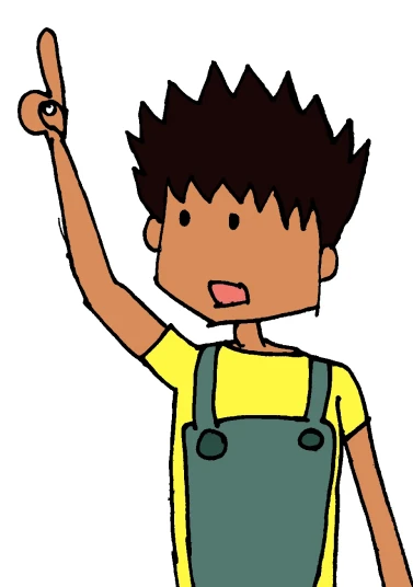 a cartoon of a boy with overalls and holding up a pair of scissors
