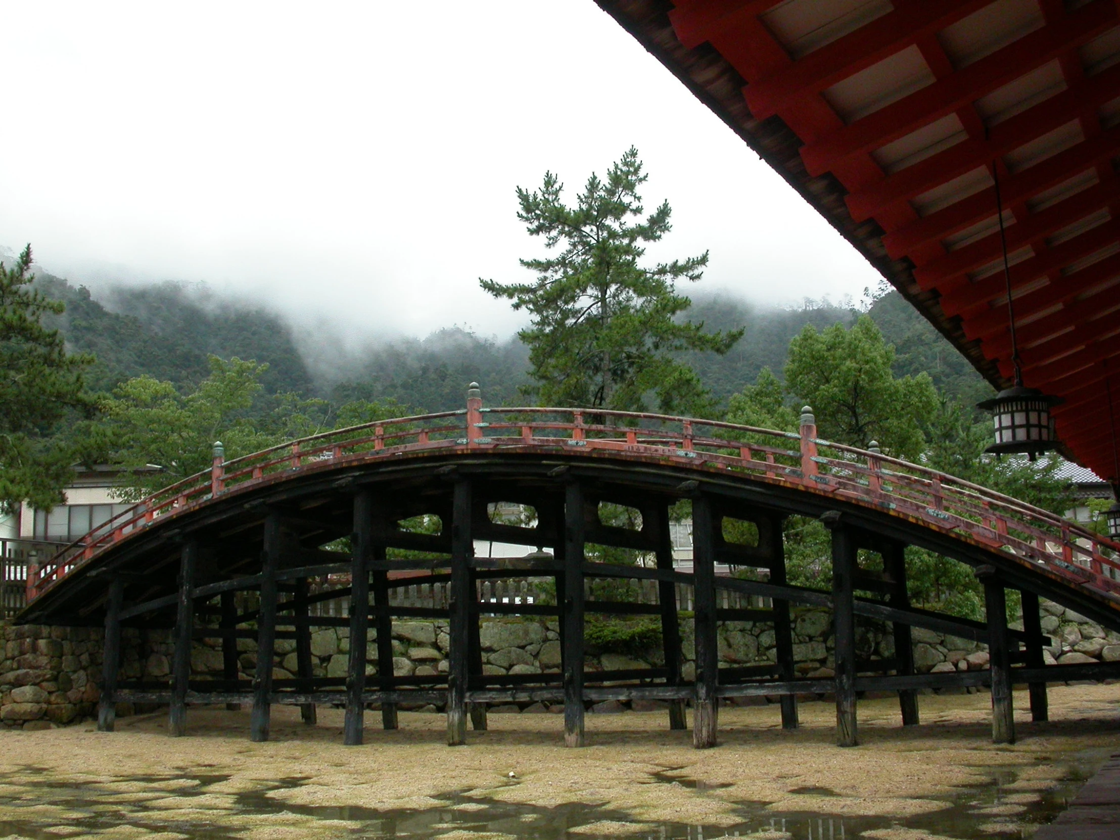 a wooden bridge with metal railings, surrounded by green trees and fog