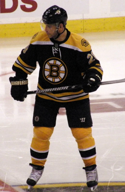 a person standing on the ice playing hockey