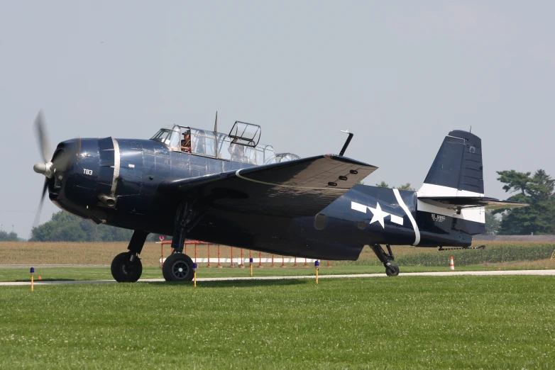 a navy plane is on the grass with another airplane behind it