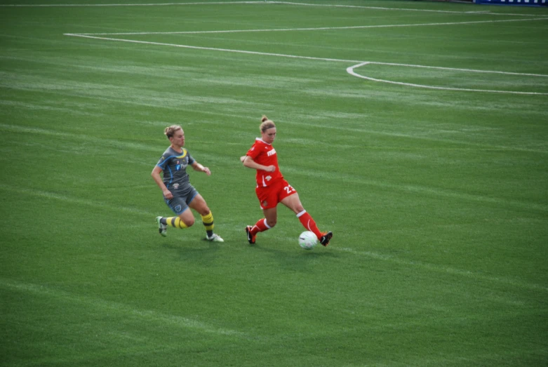 two women are playing soccer on the field