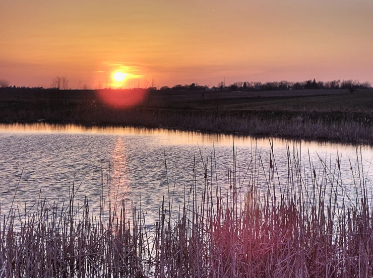 the sun sets over a calm pond on a clear day